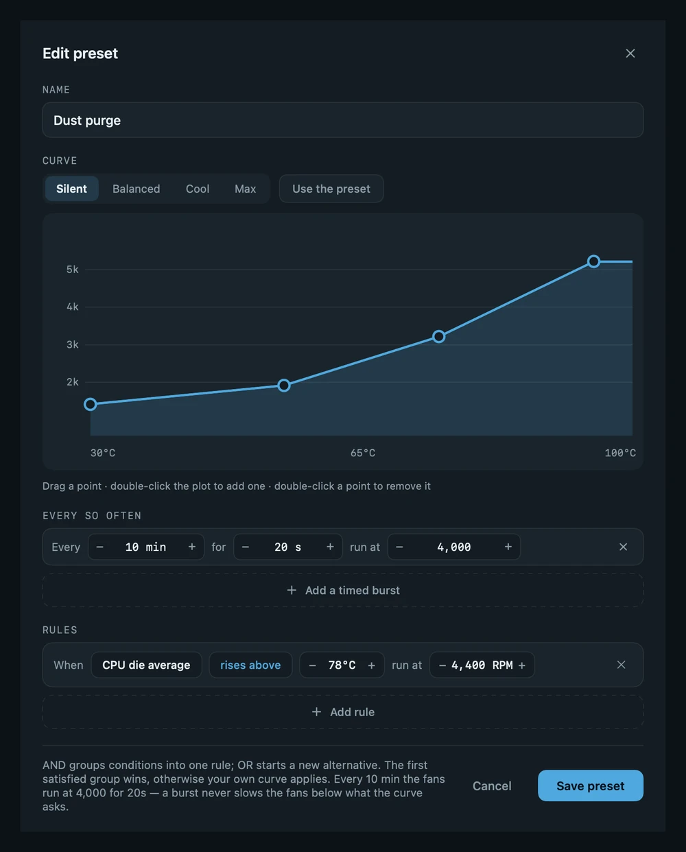 Viter's preset editor for a preset named Dust purge: a Silent base curve, a timed burst of 4,000 RPM for 20 seconds every 10 minutes, and a rule running 4,400 RPM when CPU die average rises above 78 °C.